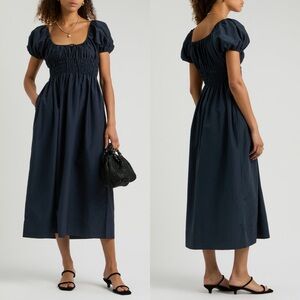 NWT Faithfull The Brand Seine Silk and Cotton Blend Midi Dress Navy Milkmaid